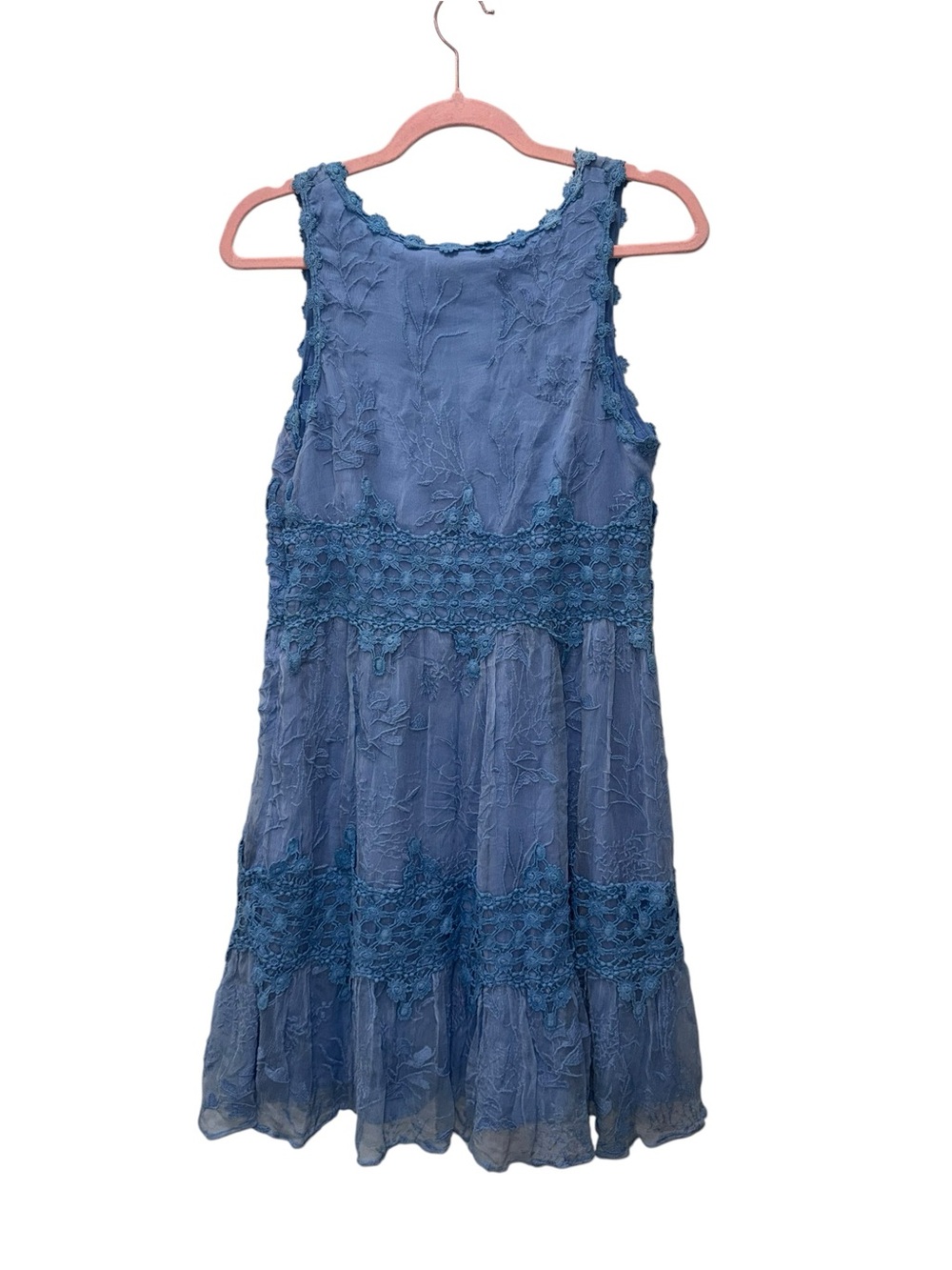 Ranna Gill V-Neck Lace-Trim Mini Dress in Light Blue. Size Small - Picture 3 of 7